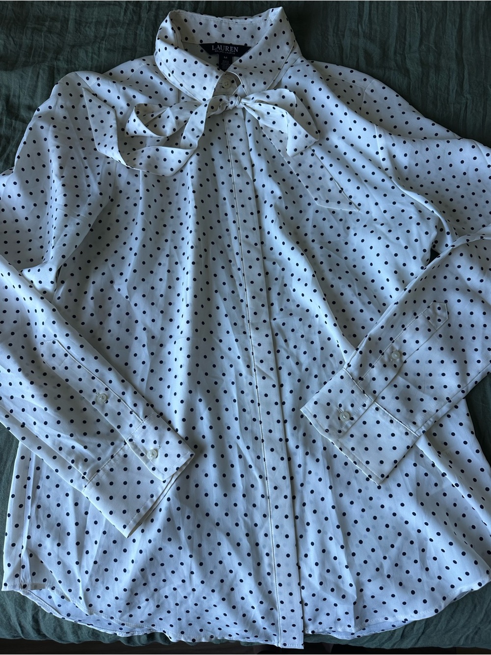 Ralph Lauren White Blouse with Polka Dots and Tie Neck - Picture 3 of 6